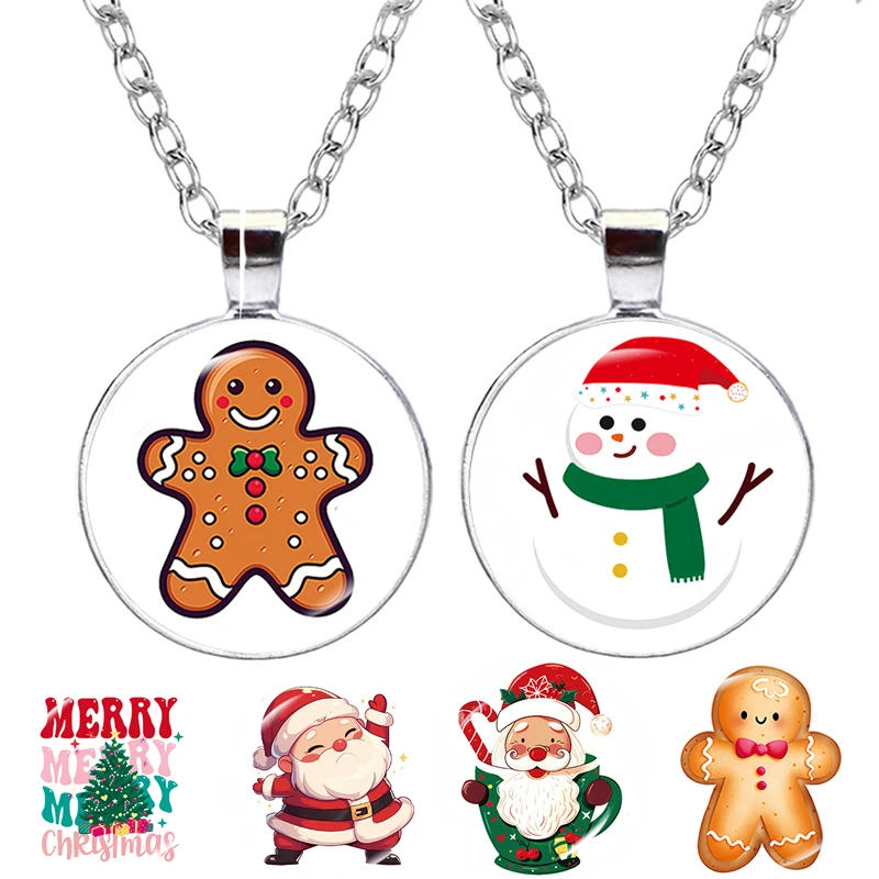 Cartoon Christmas Necklace Gingerbread Santa Claus Deer Snowman Glass Cabochon Pendant Festival Jewelry for Men Women