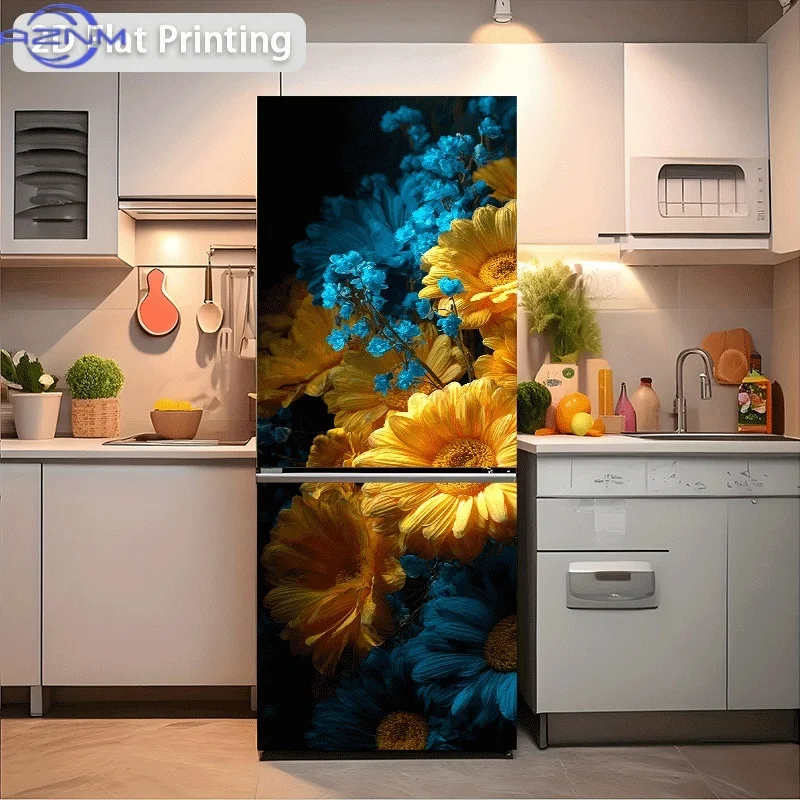 2D Flat Printing No 3D 1pc Refrigerator Sticker Bouquet of Intertwined Golden Yellow and Deep Blue Flowers Themed Scene Wall D
