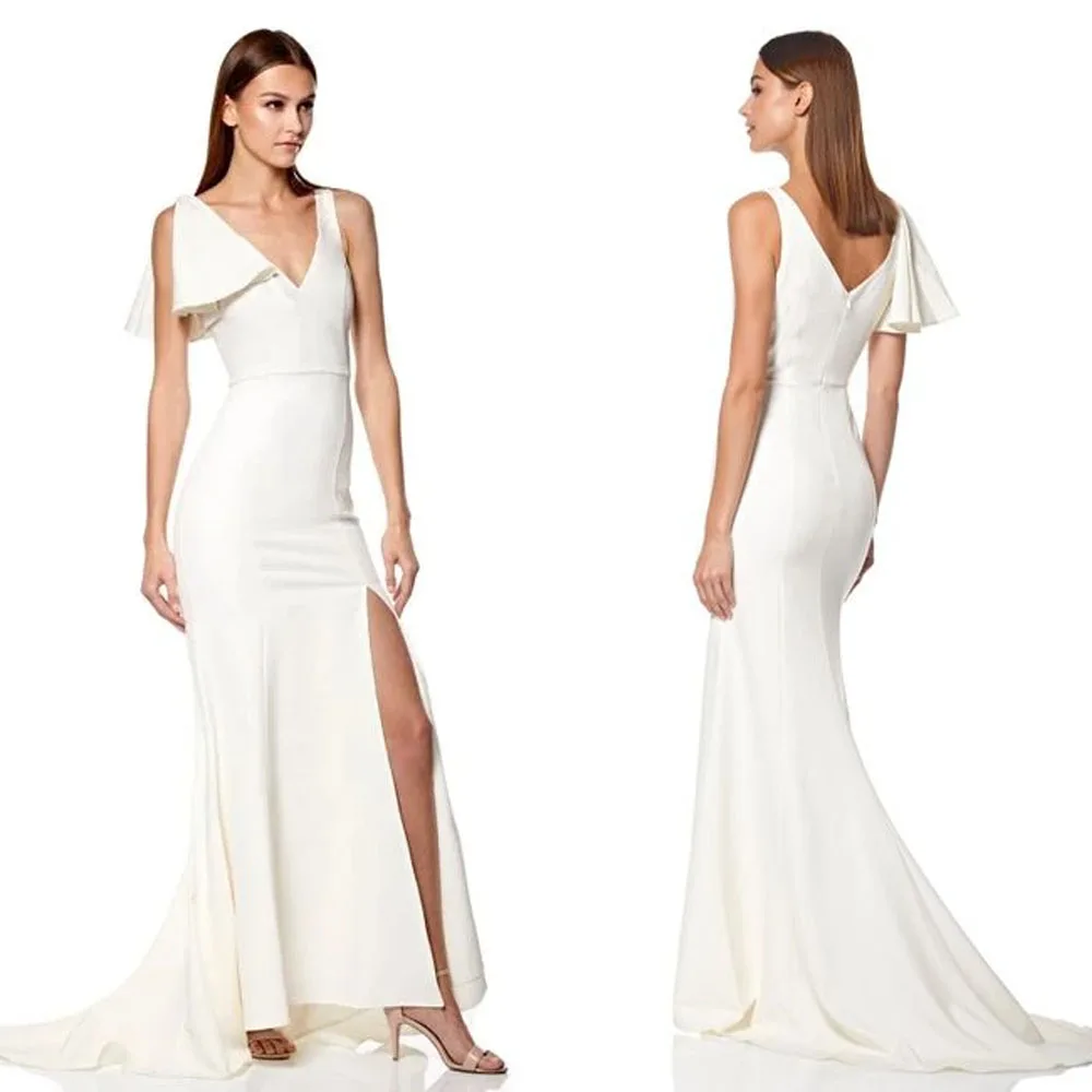 

Customized High Quality Zipper Ankle Length Court Train White V-neck Women Dress Sleeveless High Fork Vestidos De Piedras