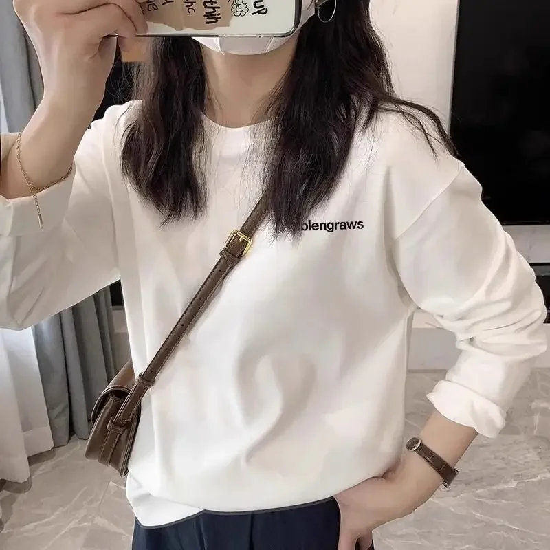 

Women's Fashionable Versatile Simple White Top Inner Wear Base Shirt Spring Autumn Win Pure Cotton Long Sleeve Crew Neck T-Shirt