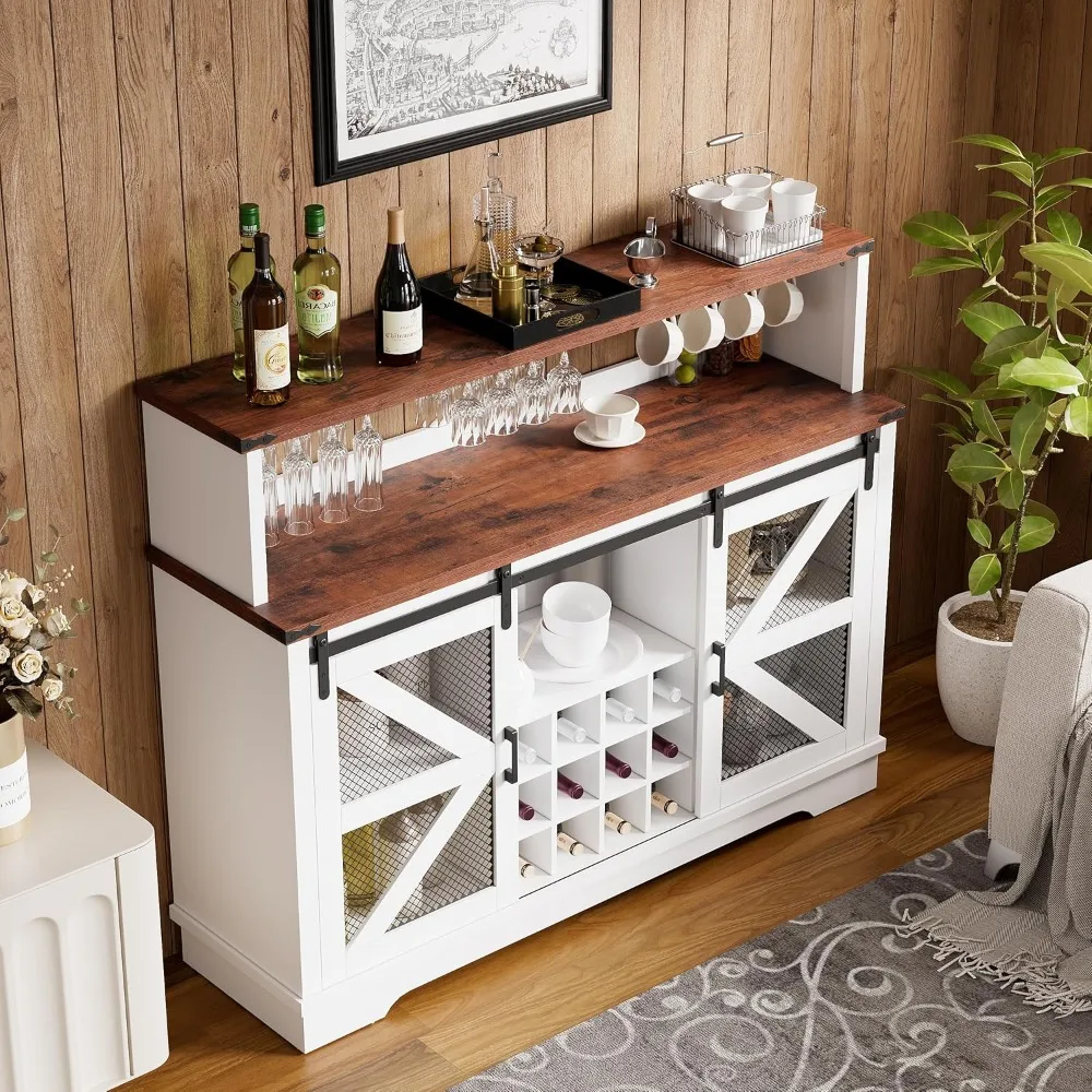 Farmhouse Coffee Bar Cabinet with LED Lights, Liquor Cabinet Wine Bar Cabinet w/Sliding Barn Door,Glass Rack,Sideboard Buffet