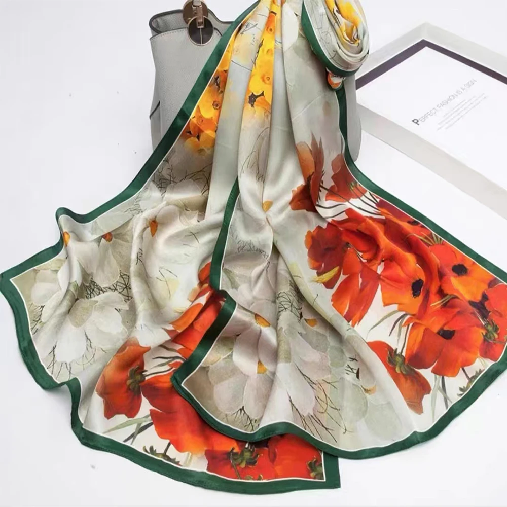 Green Red Women Natural Silk Scarf Shawl Printed Fashion Luxury 100% Pure Silk Long Scarves Elegant Floral Silk Neck Scarf Cape