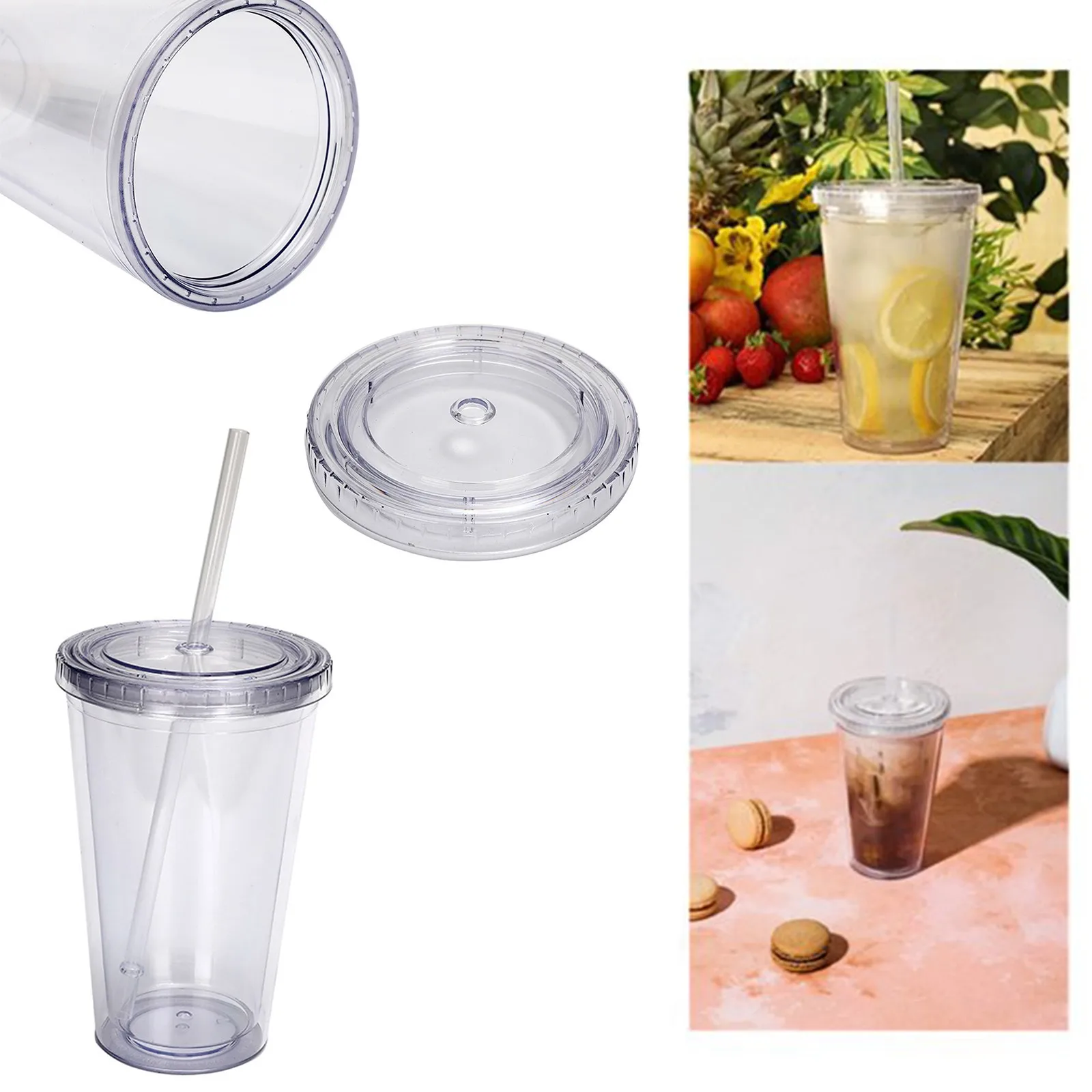

450ml Reusable Double-layer Plastic Transparent Drinking Cup Water Bottle With Lid Straw Cup Outdoor Drink Tea Milk Mug Tools
