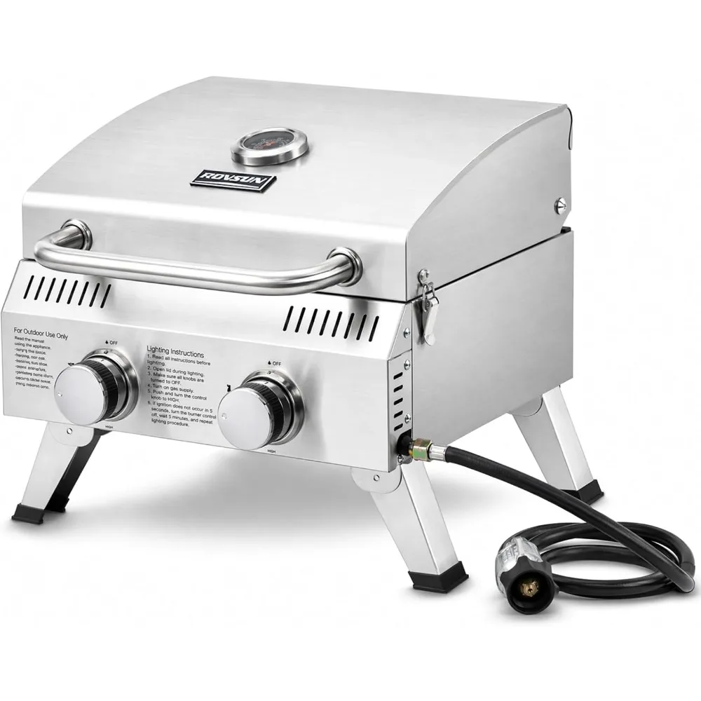 D1220000 BTU Stainless Steel Propane Gas Grill - 2 Burner Portable Tabletop For Outdoor BBQs, Picnics, Camping