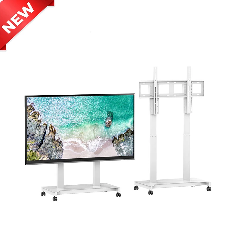 White Motorized TV Floor Stands with Heavy Duty Alloy Wheels for 100 Inch Electrical Mobile TV Lift with Castor Load 100KGS