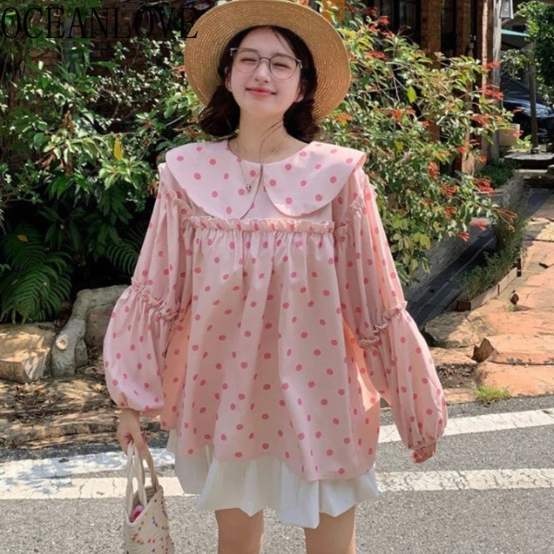

OCEANLOVE Blouses Peter Pan Collar Polka Dot Spring Autumn Sweet Women Shirts Korean Fashion Elegant Chic Blusas Mujer