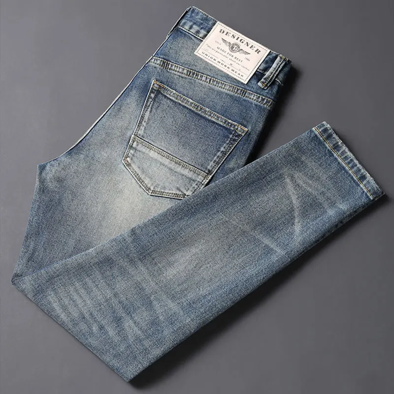 Men's Vintage Washed Light Blue Jeans Retro Fade Denim Pants Casual Slim Straight Long Trousers Jeanshombre