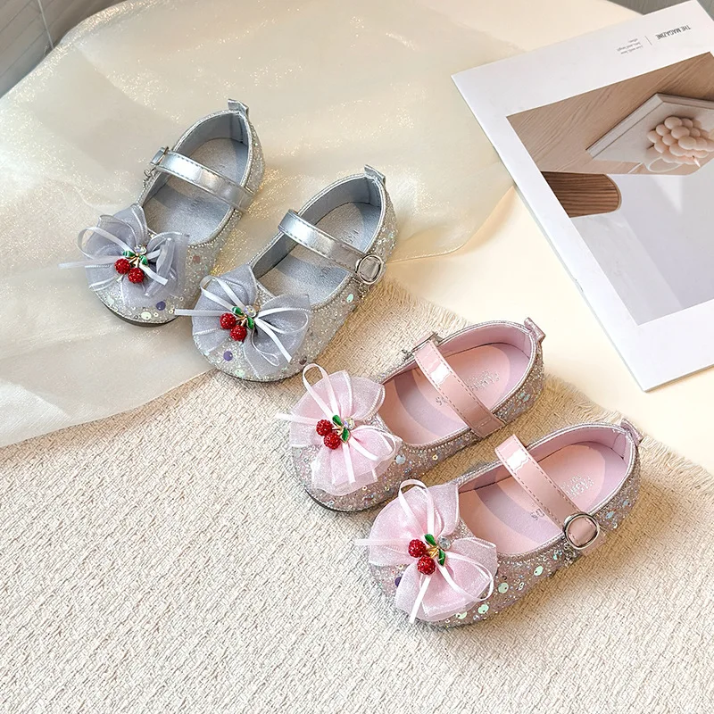 Fashion Girls' Shoes 2026 Spring New Sequined Kids Leather Shoe Cute Versatile Girls' Princess Shoes Anti Slip Child Casual Shoe