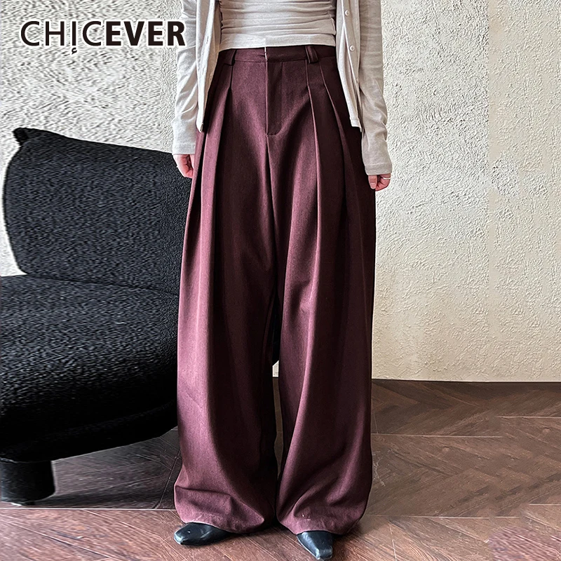 CHICEVER Casual Pleated Trousers Women High Waist Spliced Zipper Loose Minimalism Pleated Floor Length Wide Leg Pants Female New