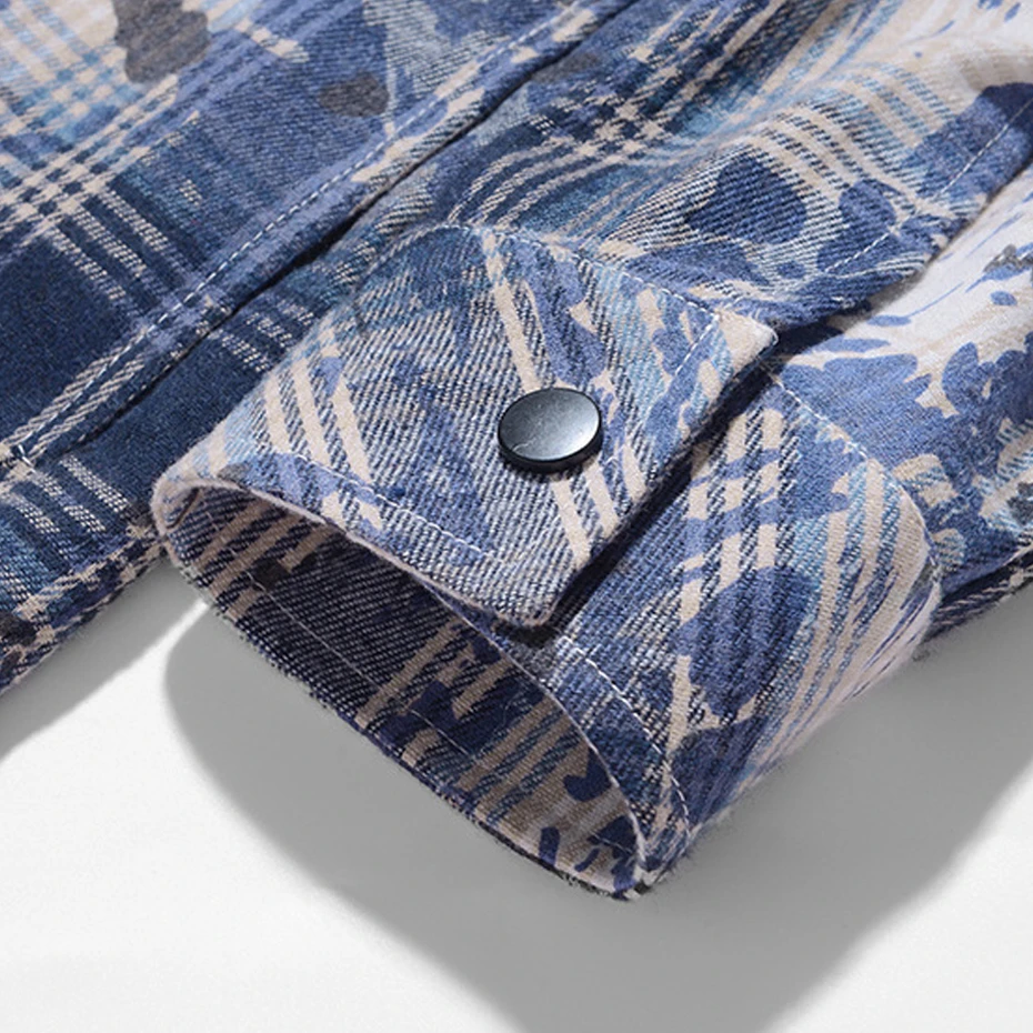 Hooded Tie-dye Plaid Shirt Men Long Sleeve Shirts Spring Autumn Fake Two Pieces Plaid Shirts Jacket Male Fashion Casual Blouse