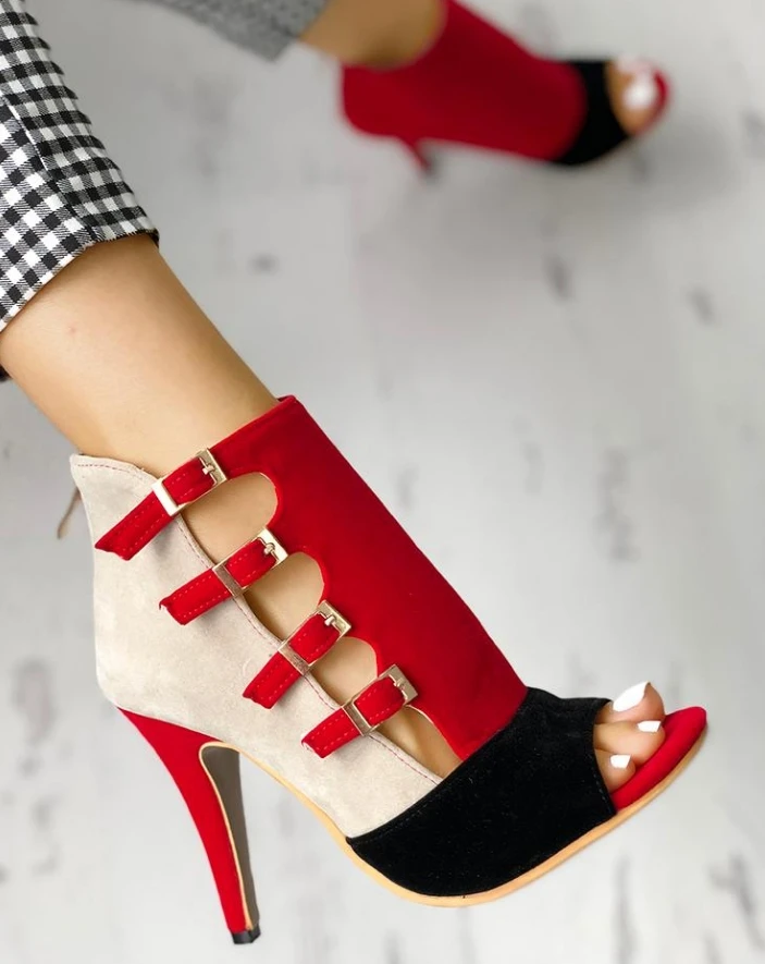 Colorblock Splicing Hollow Out Buckled Thin Heels