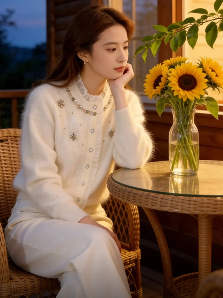 

Вязаный открытый кардиган с кружевной отделкой, женский осенне-зимний высококачественный универсальный круглый свитер с бисером, топ Cleanfit Sle Med...