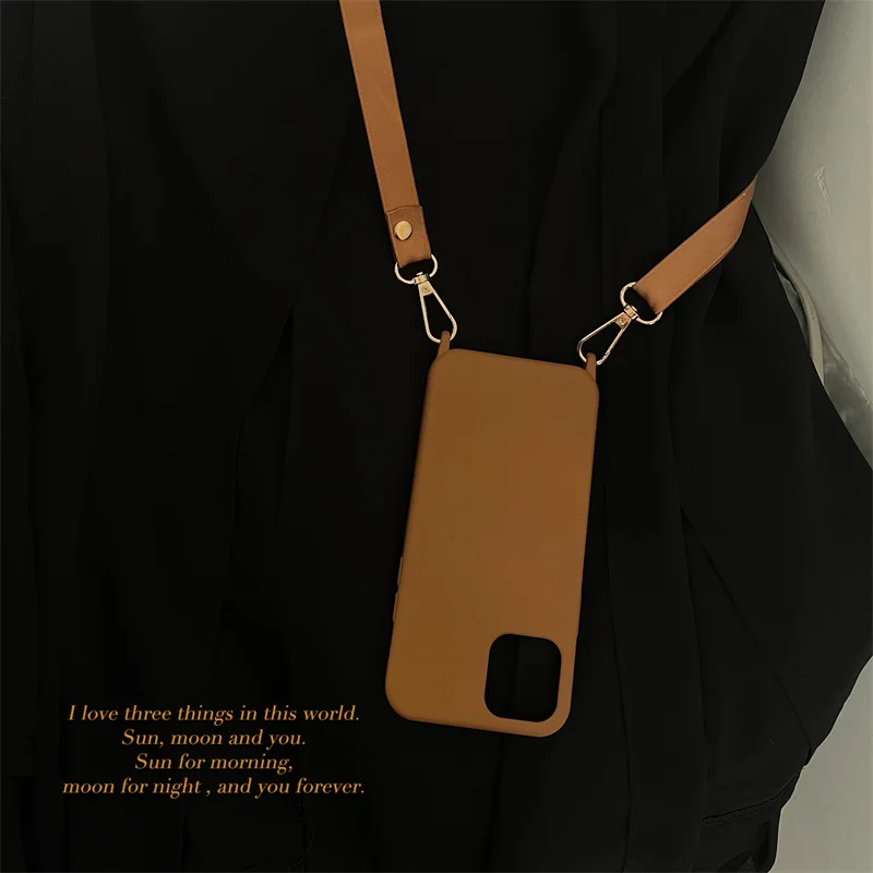 14Pro Caramel+Lint+Hook+Silk Sling Strap Phone Case For iPhone13mini 12 11 XSMAX 7/8P SE2020 6S Cover XR Skinny Shell Protection