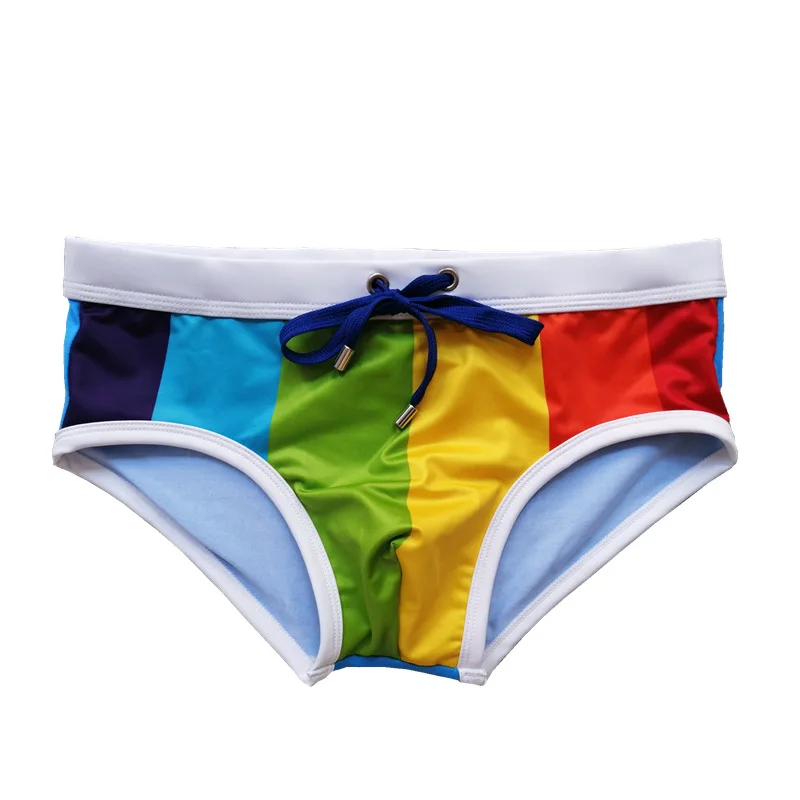 Foreign trade cross-border men's trunks rainbow blue color matching triangle swimming trunks cup shorts low waist EuropeanADS238
