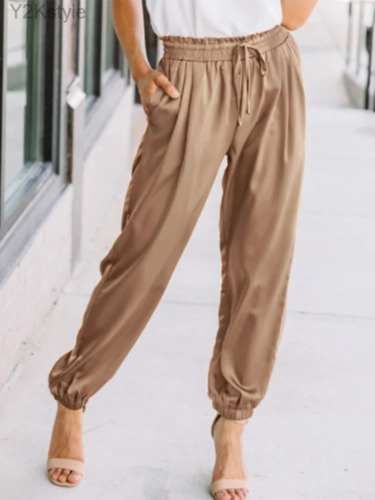 

Summer High Elastic Waist Solid Satin Pants Elegant Women Long Trousers Casual Loose OL Pantalon Harem Palazzo Turnip