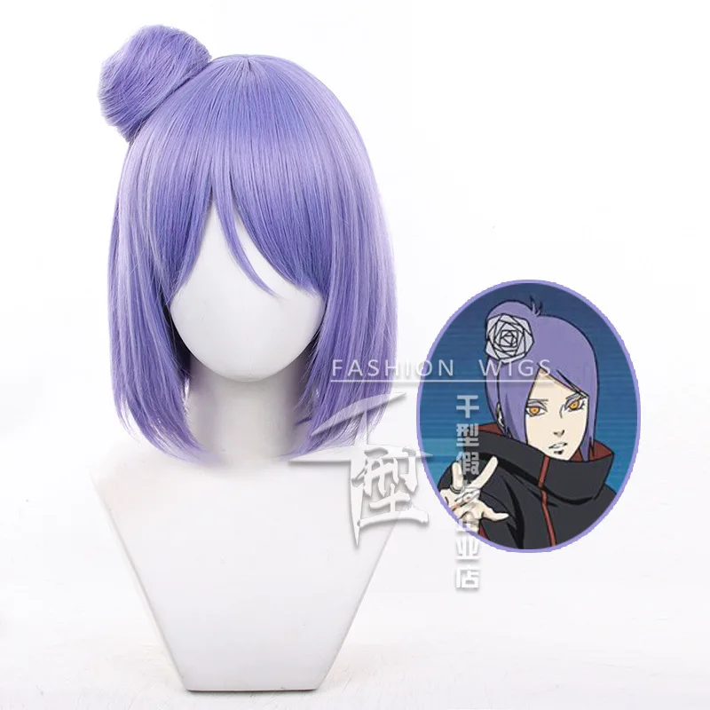 Anime Konan Cosplay Perücke Xiao Nan's Perücke Kurzes lila Damenhaar mit Dutt Hitzebeständige synthetische Perücken Halloween