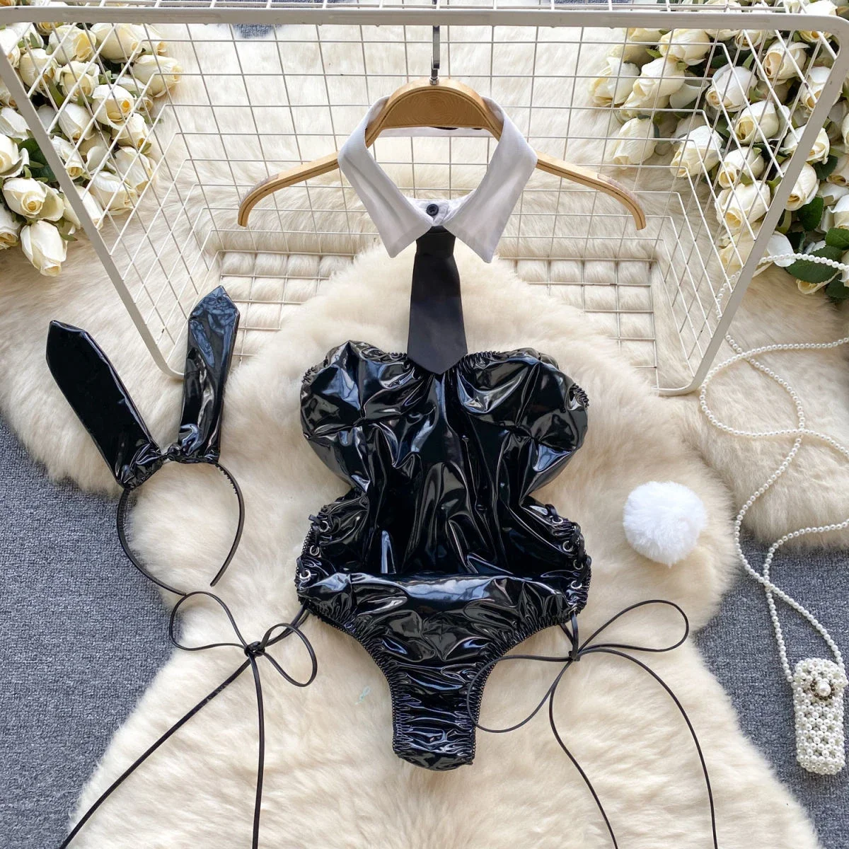 Set di tute slim con reggette senza spalline per ragazza di coniglio in pelle PU Set di lingerie pornografica esotica per feste Cosplay Body con lacci sexy