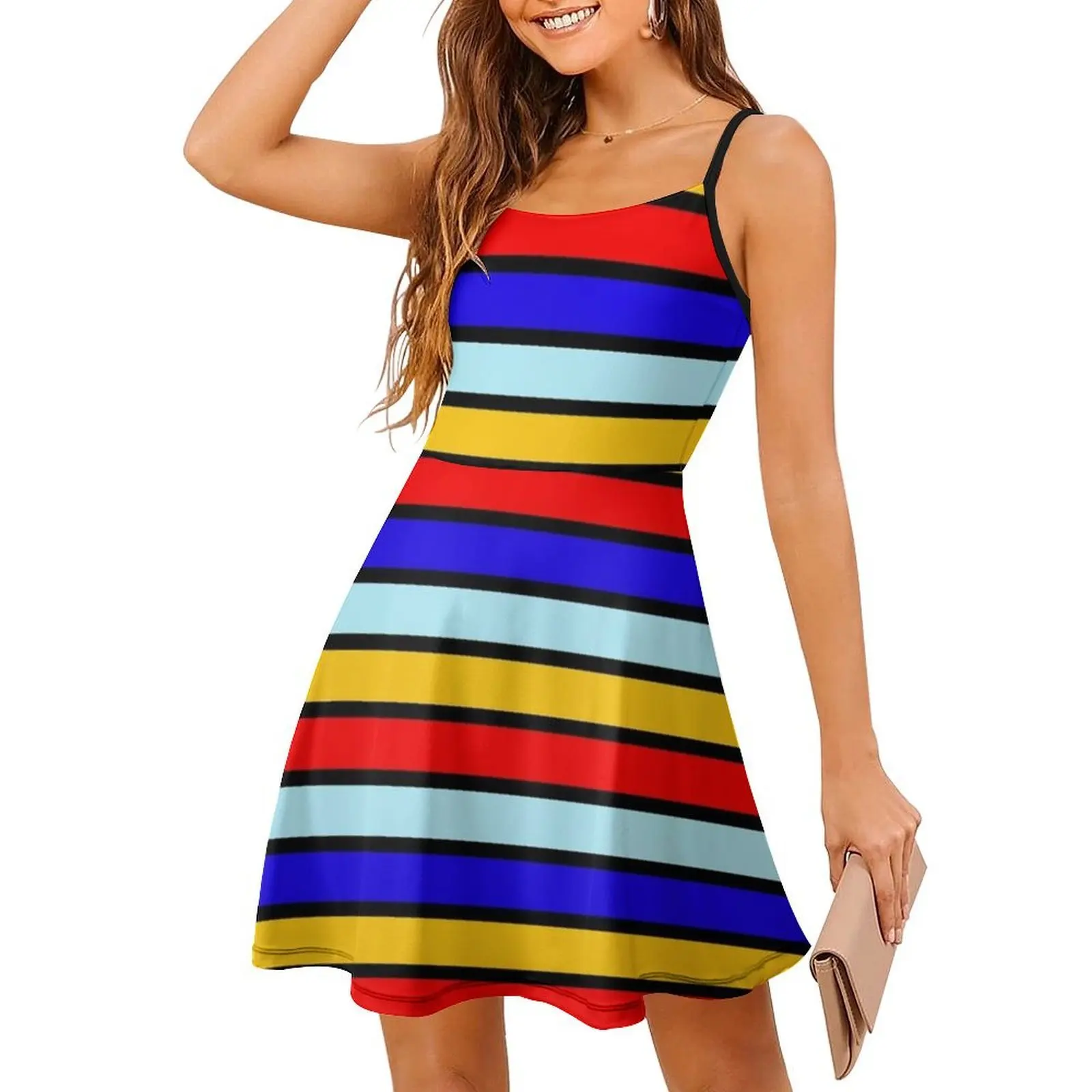 فستان قصير بخطوط صفراء متباينة باللونين الأحمر والأزرق على طراز Preppy للنساء على شكل حرف a فستان يوم كاجوال فضفاض أحمر أزرق أصفر #3