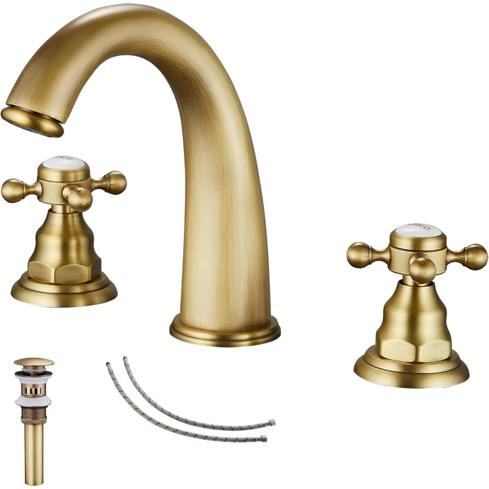 

Antique Brass 2-Handle 3-Hole Widespread Bathroom Faucet, Basin Tap Mixer with Supply Hose & Matching Pop-Up Drain