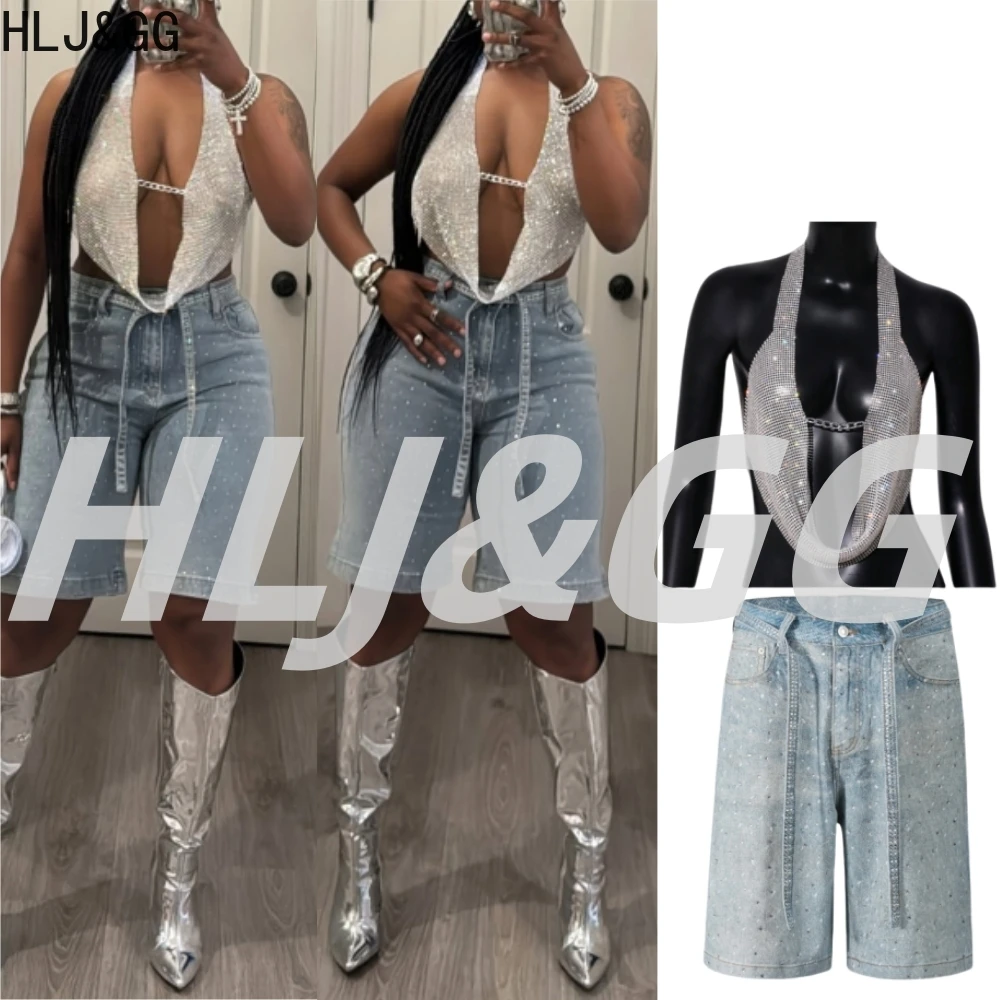 

HLJ&GG Fashion Denim Rhinestone Straight Shorts Two Piece Sets Women Halter Deep V Backless Top + Jean Shorts Outfits Streetwear