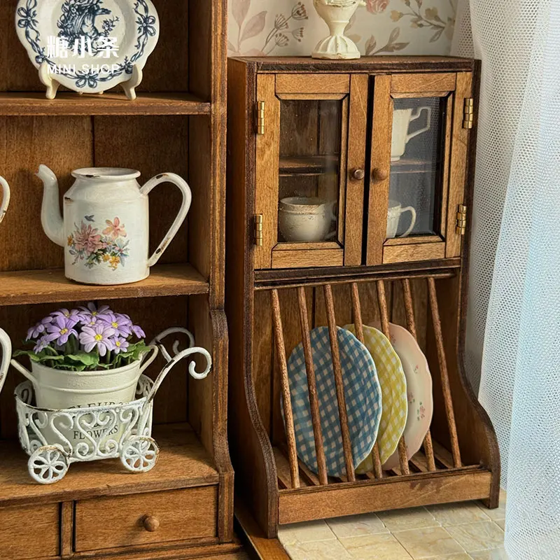 1:6 Wood Vintage Sideboard Cabinet Plate Rack Dollhouse Miniature thumbnail