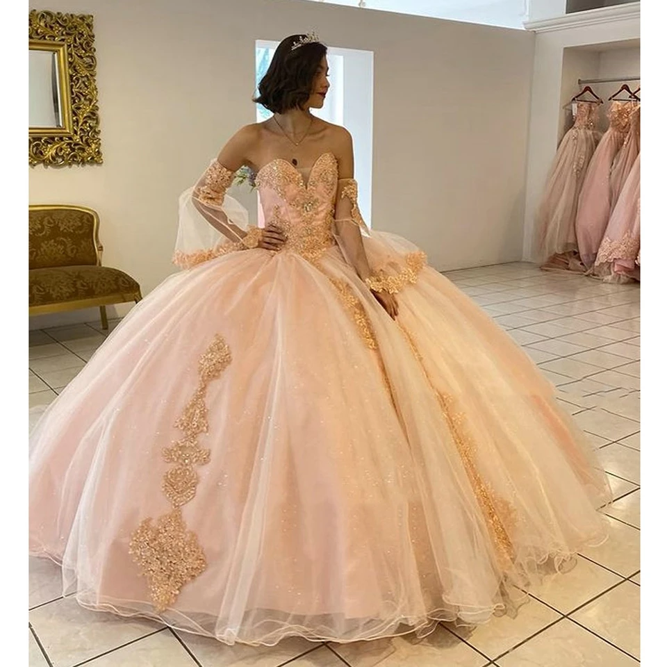 

ANGELSBRIDEP Quinceanera Dresses Flare Sleeves Lace Appliques Party Princess Tulle Crystal Graduation Long Robes De Soirée HOT