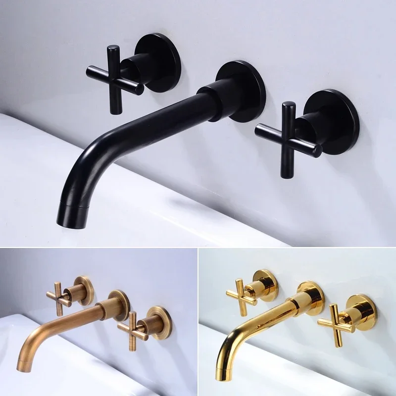 Wall Mounted Dual Handle Bathroom Faucet Brushed Gold Basin Mixer Matte Black Water Crane Hot and Cold Water Taps