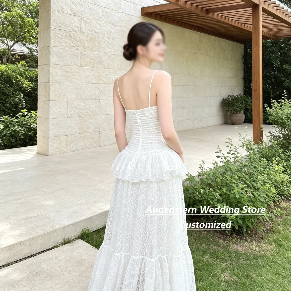 Customized  Spaghetti Straps Square Neck Weeding Dress Bodice Ruffled Tiered Lace Long Dress Boho Beach Wedding Bridal Gown