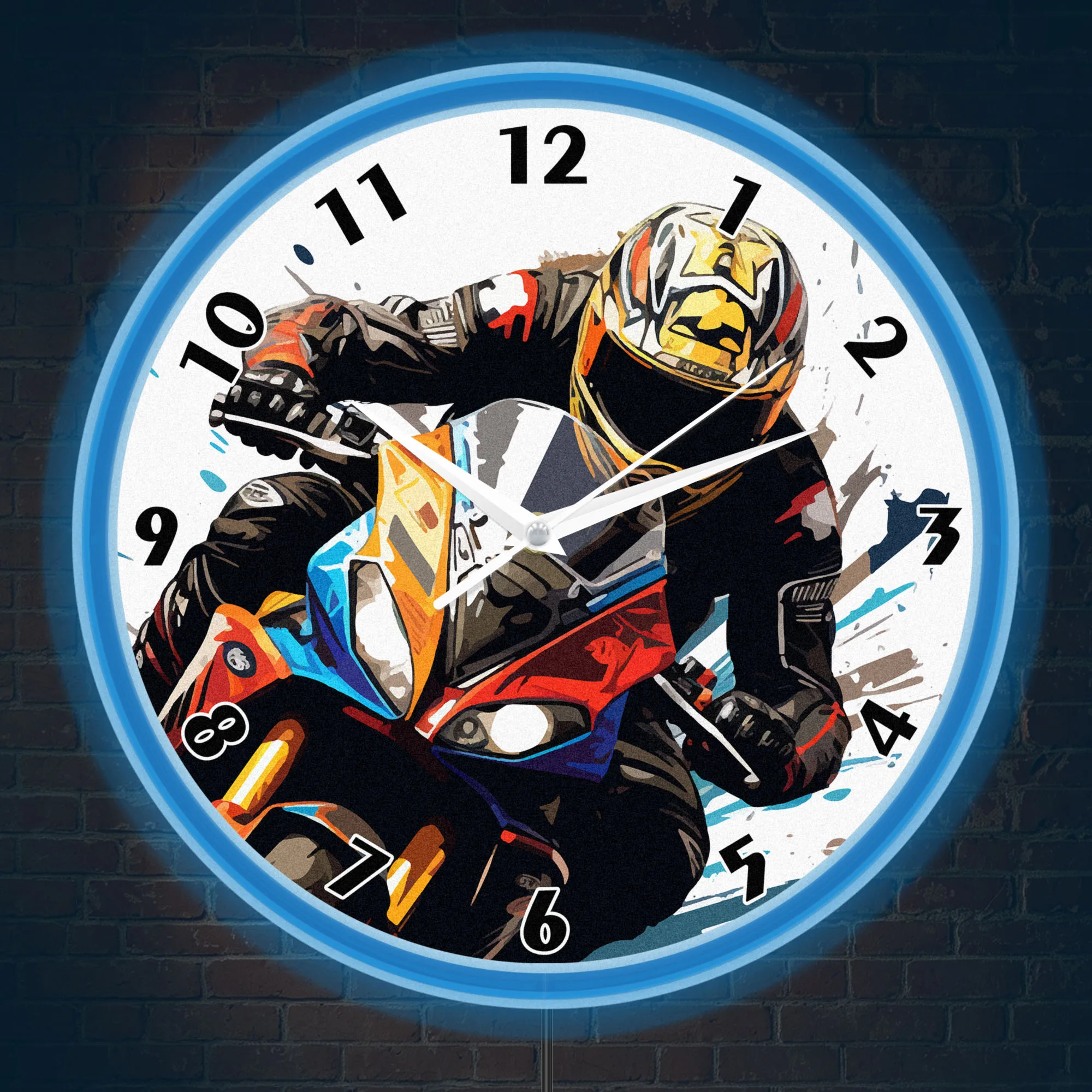 Pop Art Racing Superbike Rider Neon Wall Clock for Garage Man Cave Sport Motorcycle Racer Motorsport Wall Clock Glow in the Dark