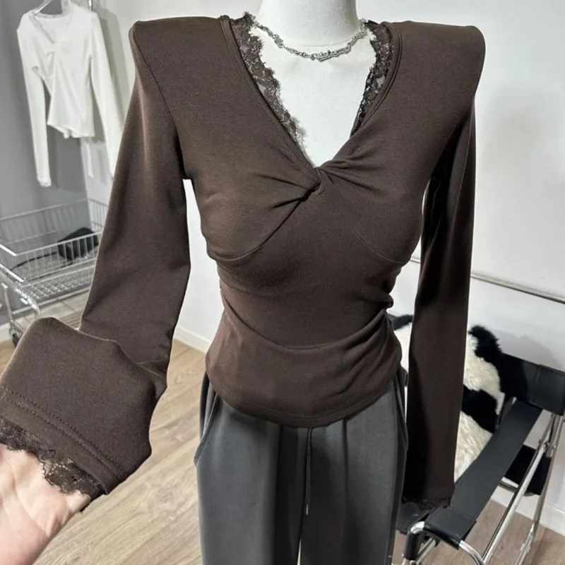 Lace Splicing Twisted V-neck Plus Velvet Long-sleeved T-shirt Slim Brushed Bottoming Shirt Top Autumn and Winter