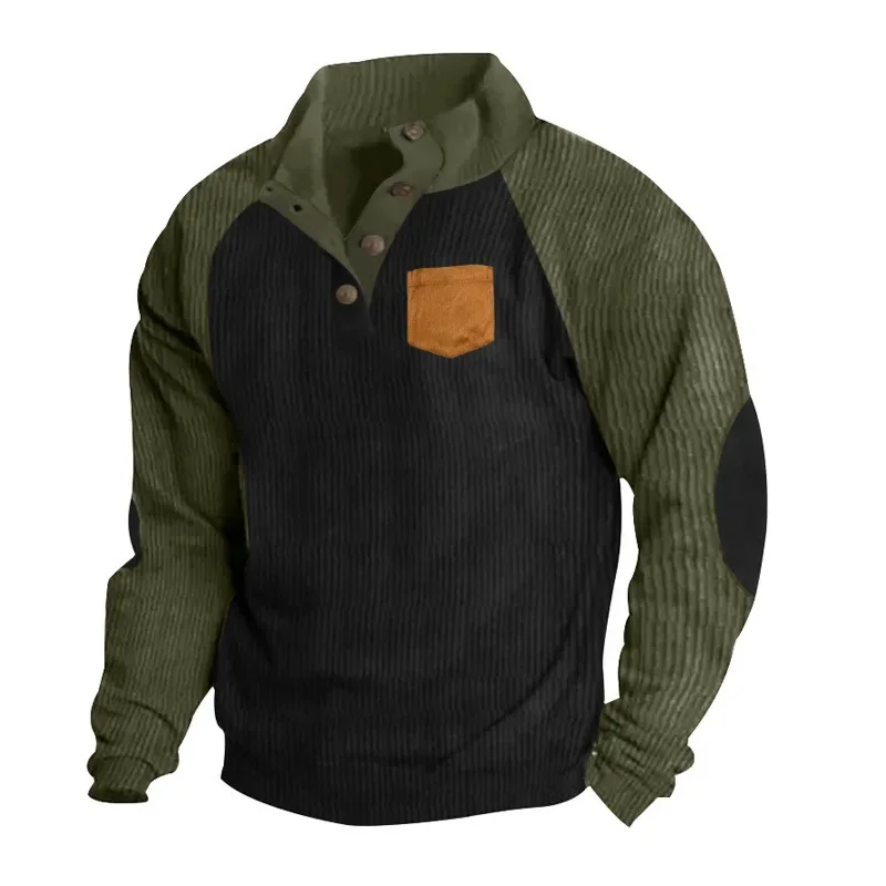 

LIBIELIY 2025 Spring Autumn Men's Corduroy Hoodies Outdoor Long Sleeve Casual Stand Collar Loose Patchwork Pullover Sweatshirts