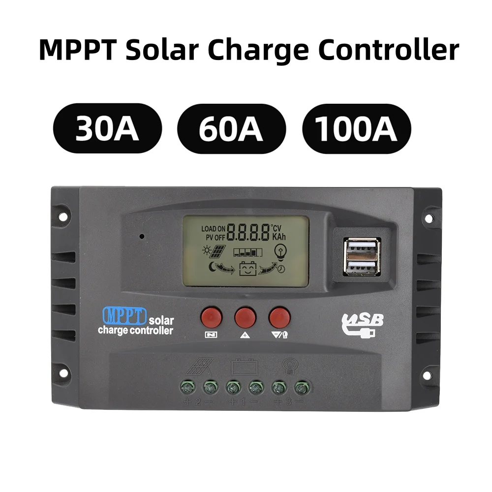 MPPT Solar-Laderegler 30A 60A 100A mit Last-/Dual-USB-/LCD-Anschluss 12V 24V Auto Solarpanel-Laderegler