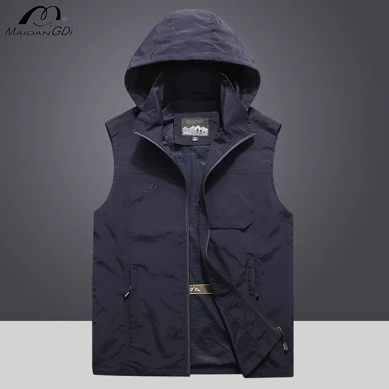 

Maidangdi Vest with Multiple Pockets Men's Quick Drying Detachable Hat Loose Size Vest Fishing Photography Shoulder Jacket Y2K