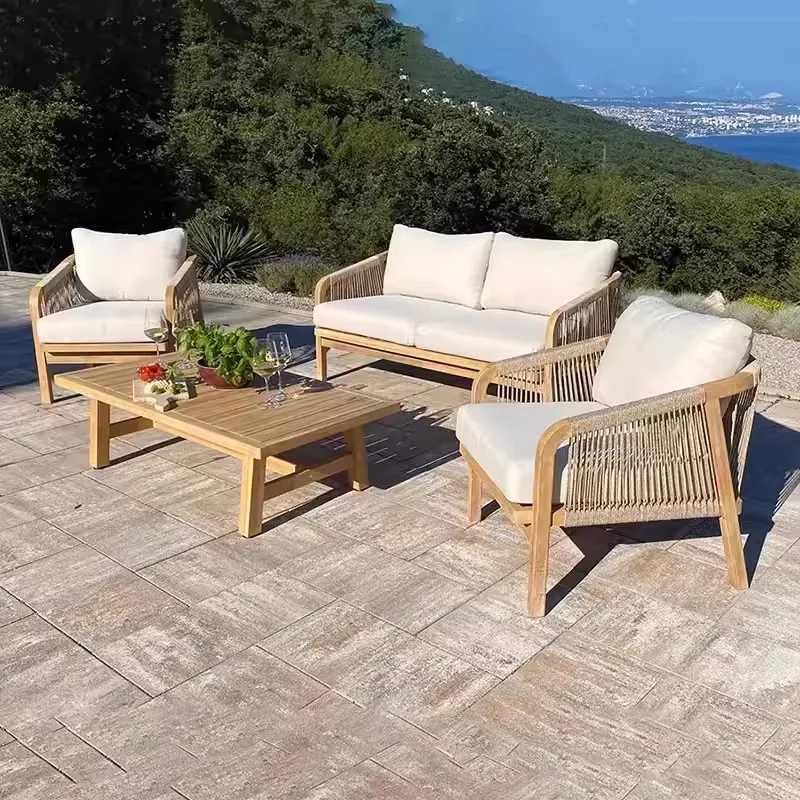 Outdoor sofa courtyard garden preservative wood open-air balcony leisure rattan chair hotel furniture combination