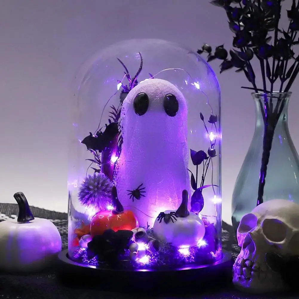 Halloween Ghost Ornaments Ghost in Glass Dome Cloche with String Lights Adopt A Ghost Figurine Tabletop Decor for Halloween Indo