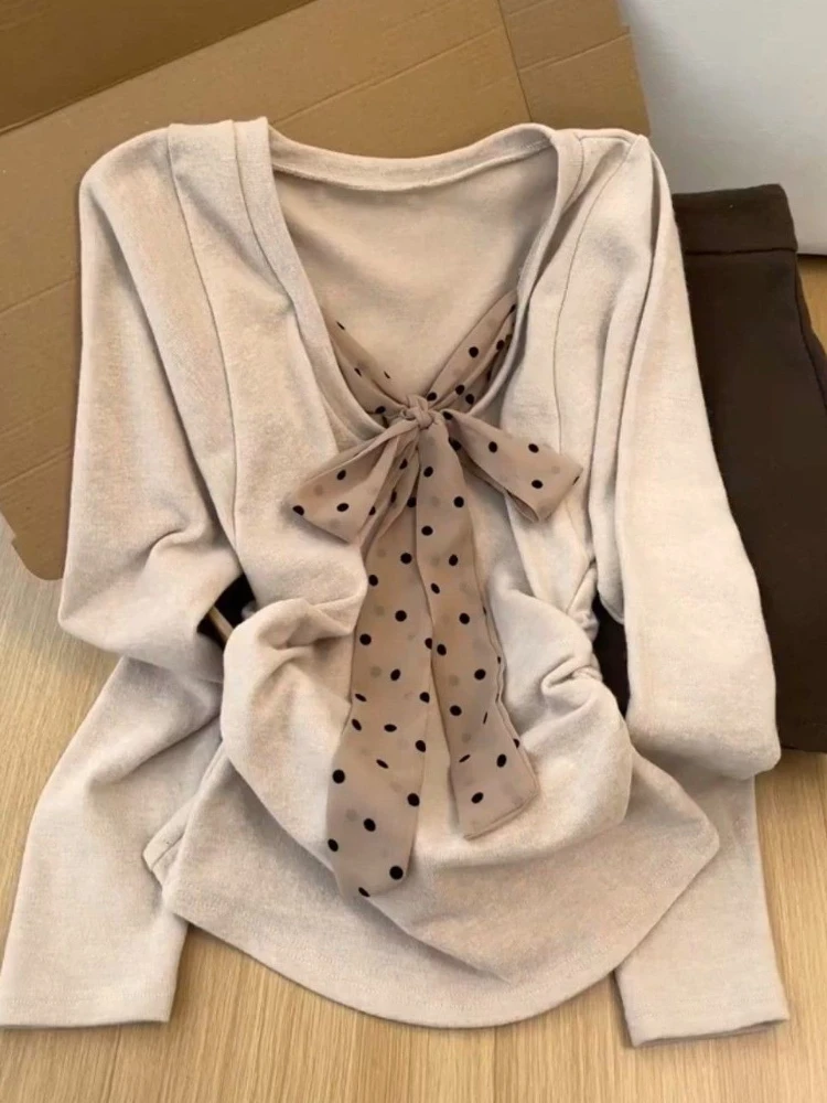 

Y2K retro hot girl Harajuku storm point bow long sleeved T-shirt autumn and winter women's slim fit trendy top millennium style