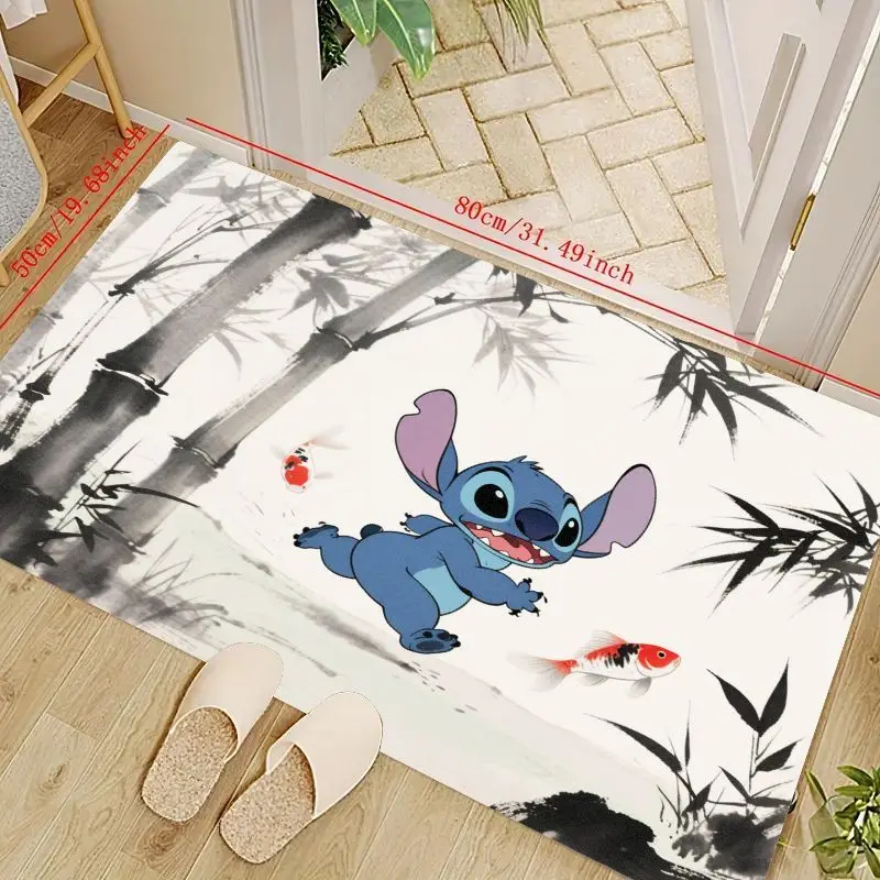 

1 шт. милый мультяшный коврик Disney Stitch, традиционный китайский чернильный коврик с принтом бамбука и золотой рыбки, нескользящий напольный коврик, большой декор Ca