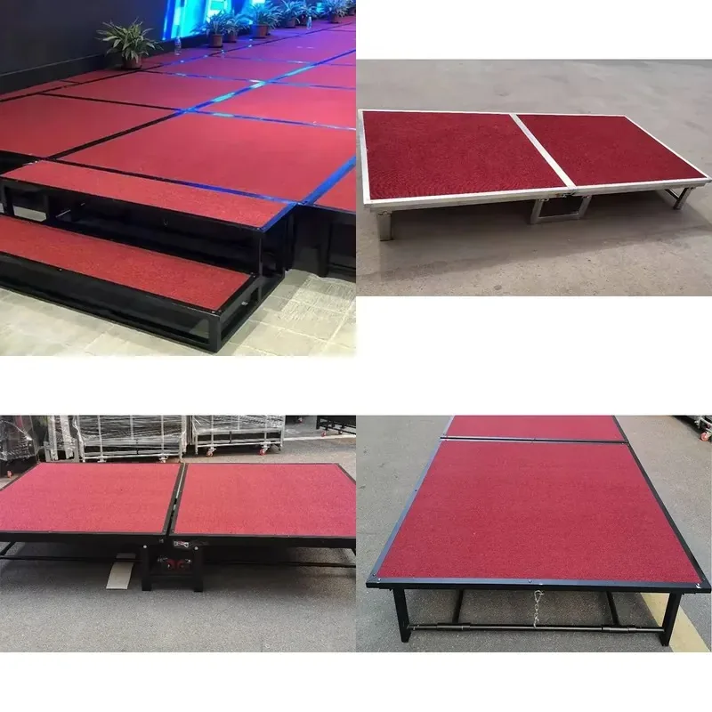 Custom-sized steel folding stage with portable plywood hardened floors for indoor and outdoor use in churches or shopping