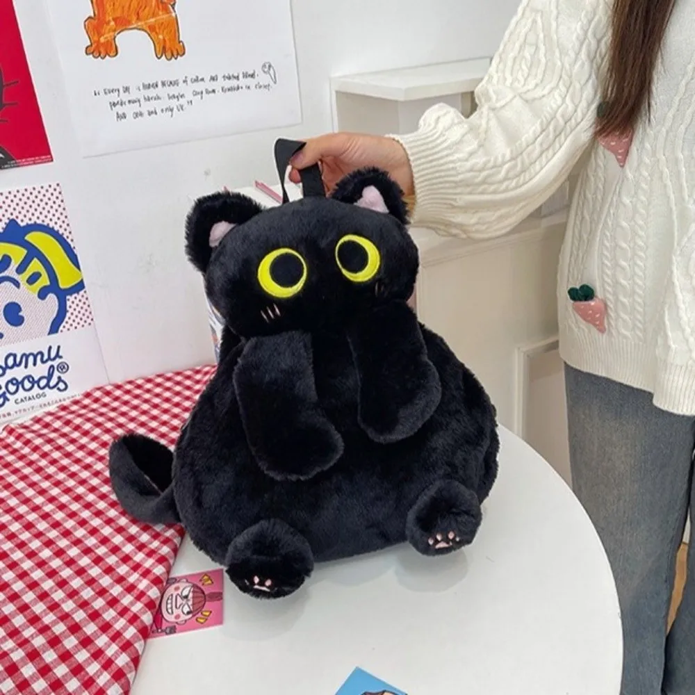Kawaii Cute Backpack Big Capacity Shoulder Bag Soft Fluffy Black Cat For Girls Women