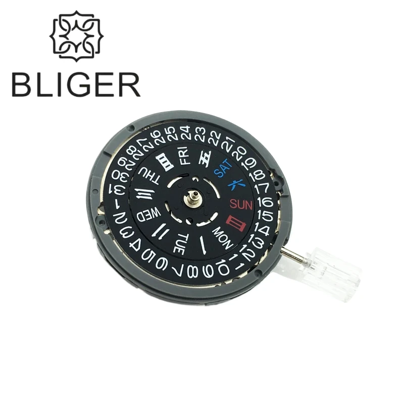 Bliger Nieuwe Originele Nh36 Mechanische Beweging Zwart Datum Week 3 Oclock Kroon 3.8 Uur Kroon Automatisch Horloge Vervangende Onderdelen