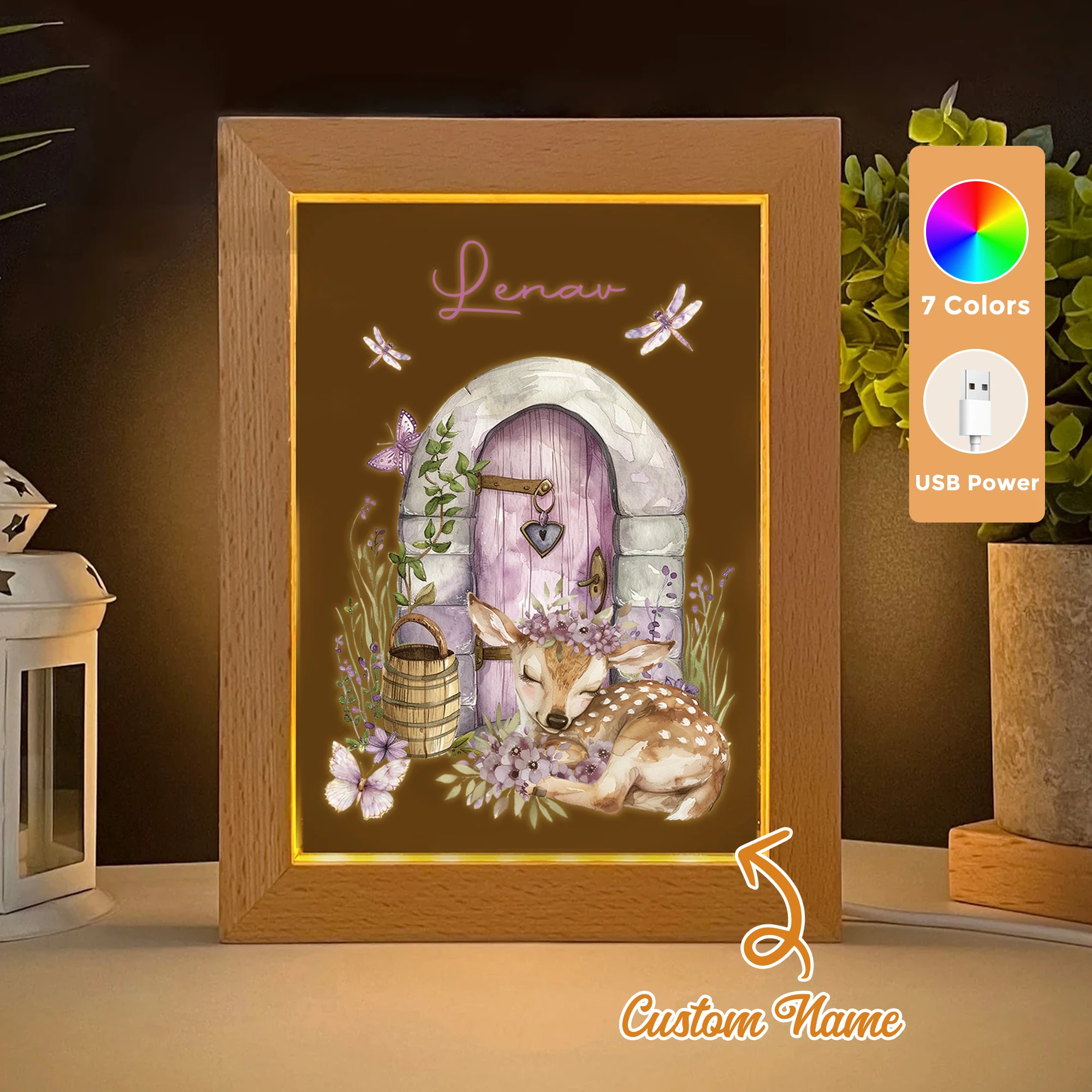 

2D Flat Custom Name Purple House And Sika Deer LED Acrylic Night Light Wood Photo Frame 21x17cm Family Bedroom Gifts Home Decor