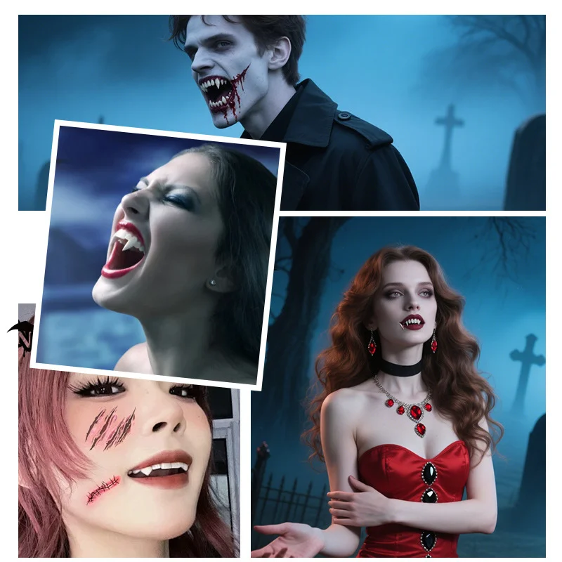 هالوين مصاص دماء الأسنان الأنياب أطقم الأسنان الدعائم زي حفلة الهالوين لتقوم بها بنفسك تأثيري الدعائم كاذبة الأسنان الراتنج الأنياب مع الغراء الصلب