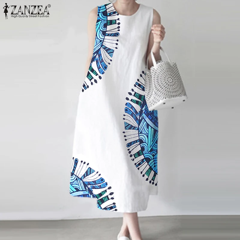Modisches Sommer Ärmelloses Sommerkleid ZANZEA 2026 Damen Stilvolles Bedrucktes Tanktop-Kleid Lässiger O-Ausschnitt Lockeres Urlaubs-Midikleid Robe