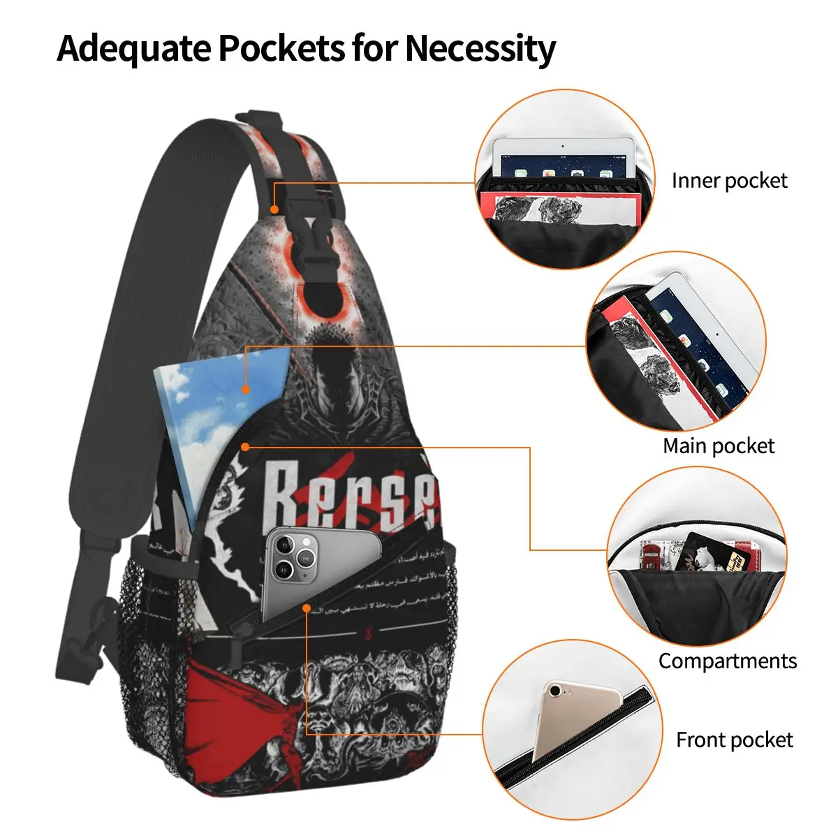 Japan Anime Berserk Chest Bag Men Sling Crossbody Backpack Chest Bag Travel Hiking Daypack Shoulder Bag