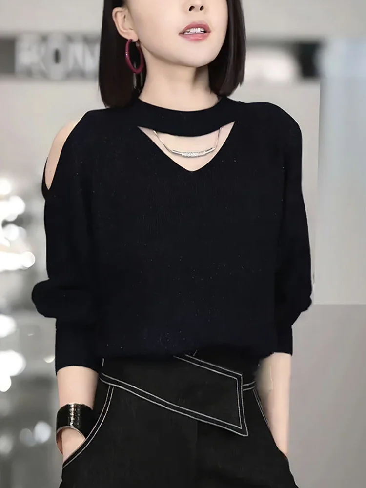 

Повседневный черный лонгслив для женщин: модный, универсальный, свободного кроя, дышащий пуловер с круглым вырезом для осени и зимы