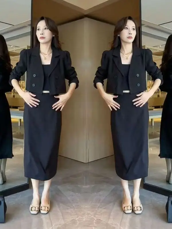 

Spring Autumn Fashion Double Breasted Small Top High Waist Slim Fit Bodycon Skirt Two Piece Set Korean Style Long Sleeve Poly...