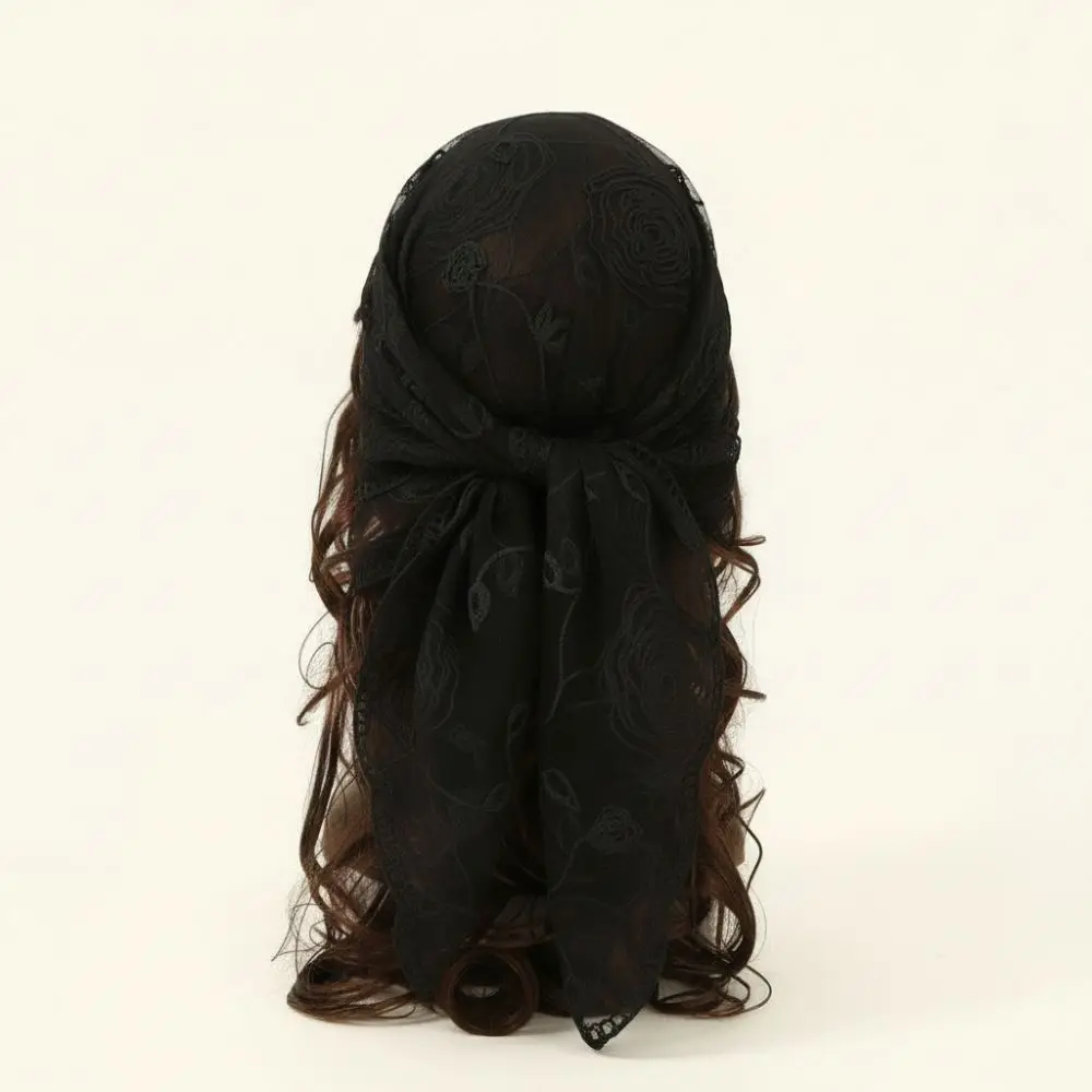 Elegant Lace Mantilla Scarf Floral Pattern Hollow Out Embroidery Catholic Bride Scarf Thin Fabric Solid Color Photo Headpiece