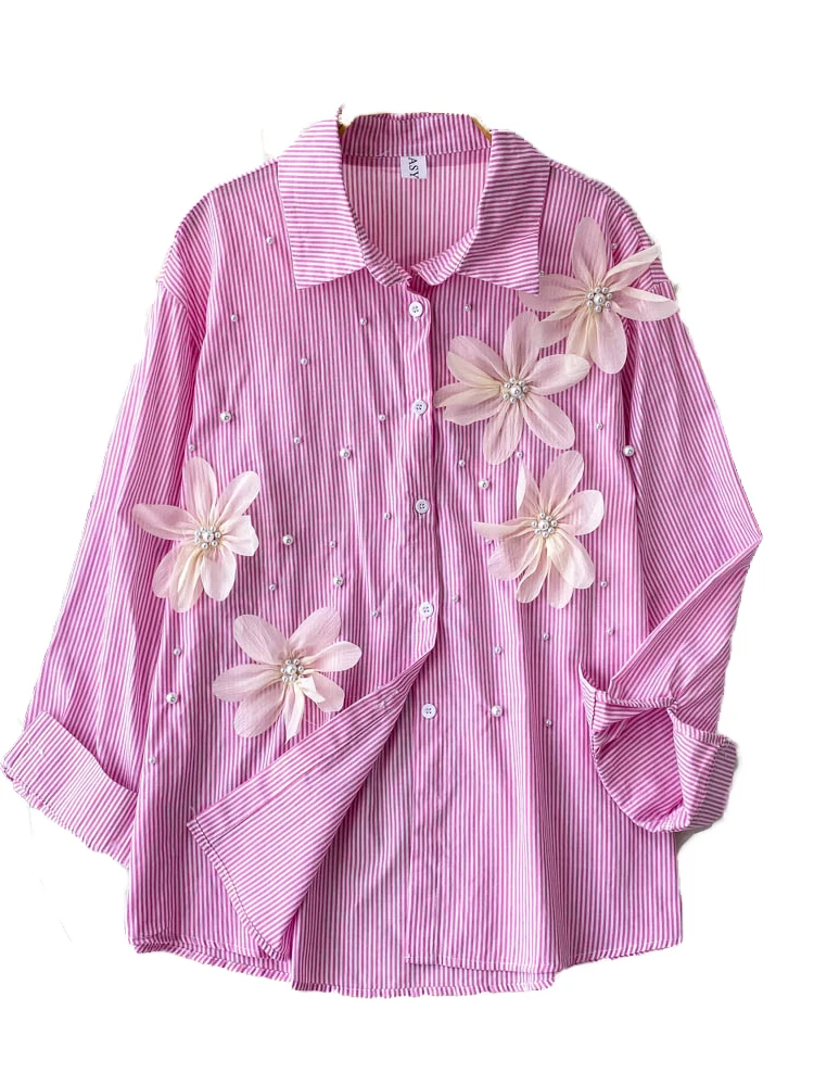 

Heavy Embellied Long Sve Collar Loose Fit Women's irt Summer Design Striped Slimming Outerwear Top Korean Sle