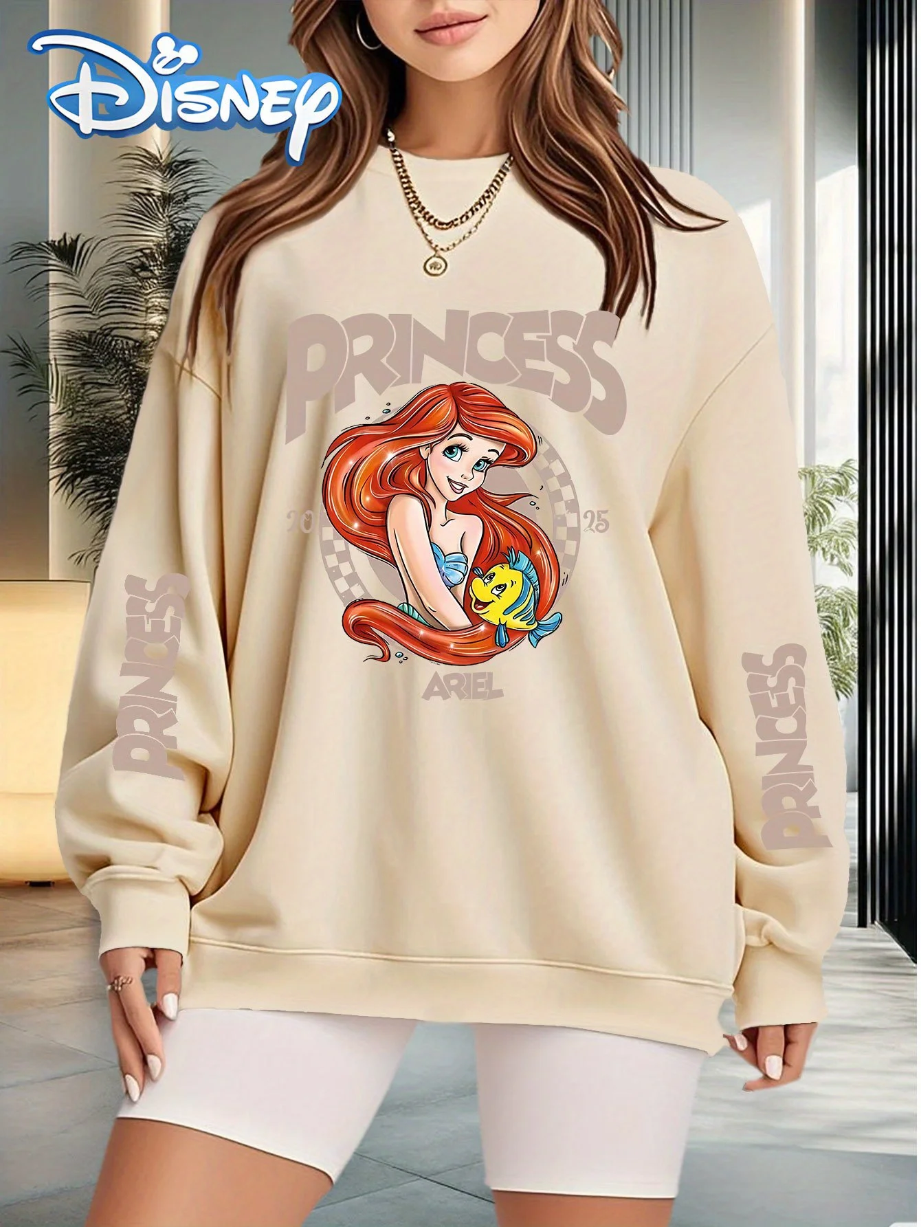 Disney Princess for Ariel Flounder Graphic Print Women's Oversized Sweatshirt Vibrant Pink Casual Round Neck Pullover