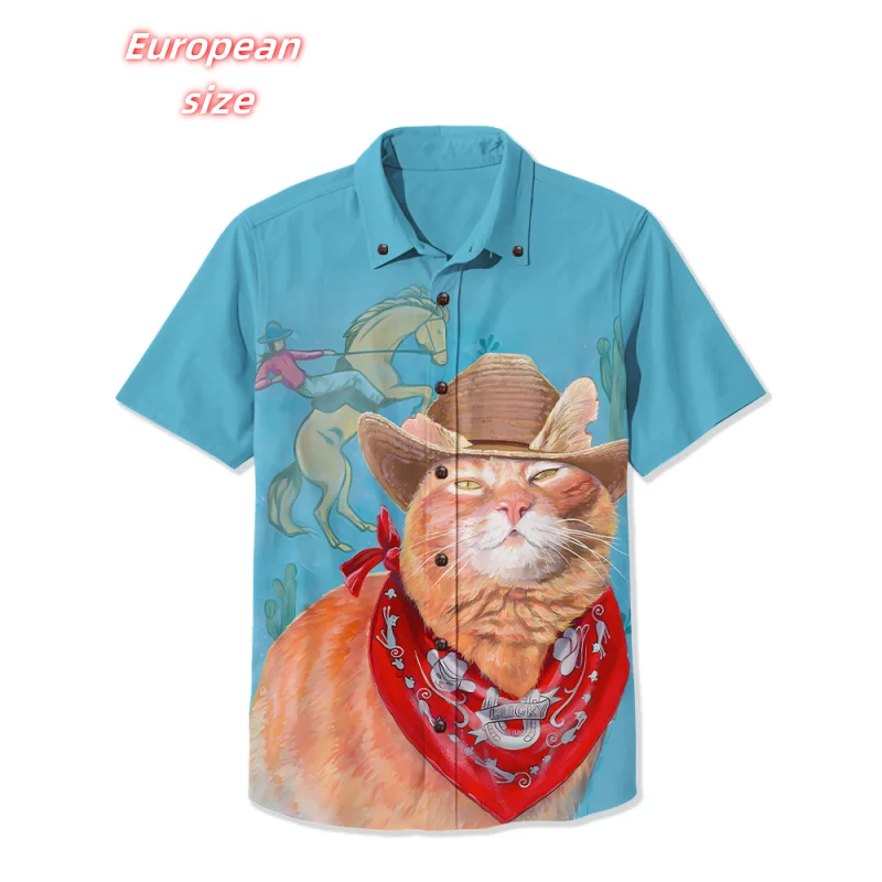 Cat Raccoon Flower Pattern Hawaiian Shirt For Men Cute Animals 3D Printed Blouse Summer Short Sleeve Lapel Tops Aloha Shirts